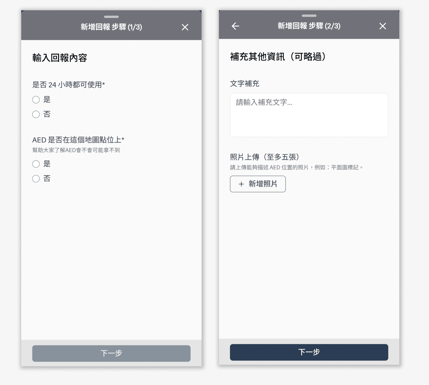 表格的設計上,我們避免要求使用者撰寫大量文字,而是優先以「是/否」等結構化問題引導填答。